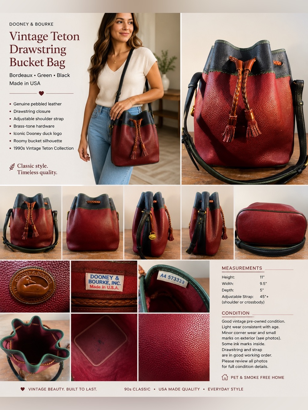 Dooney & Bourke Vintage Teton Drawstring Bucket Bag Bordeaux Green Black USA
